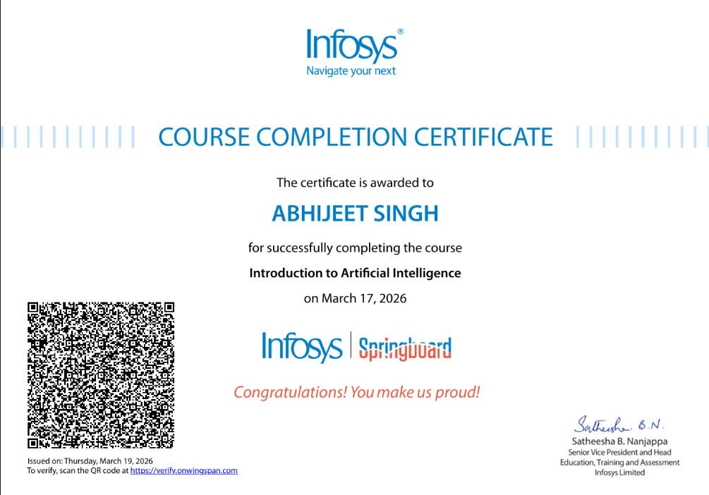 Introduction to Artificial Intelligence Certificate - Infosys Springboard