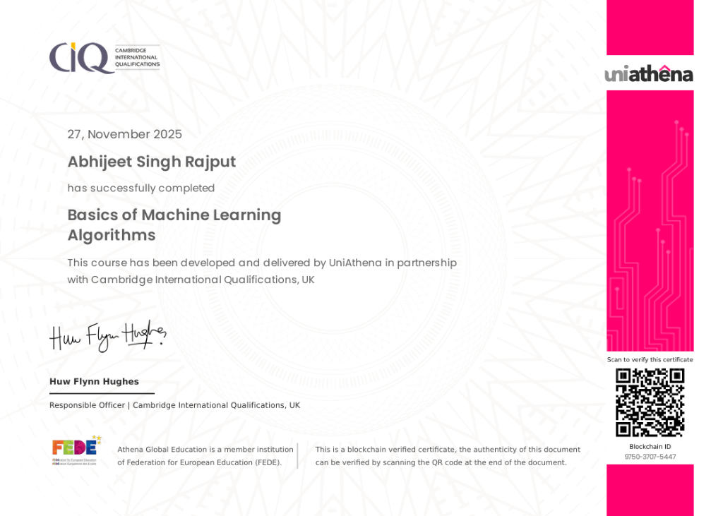 Basics of Machine Learning Algorithms Certificate - UniAthena & CIQ UK
